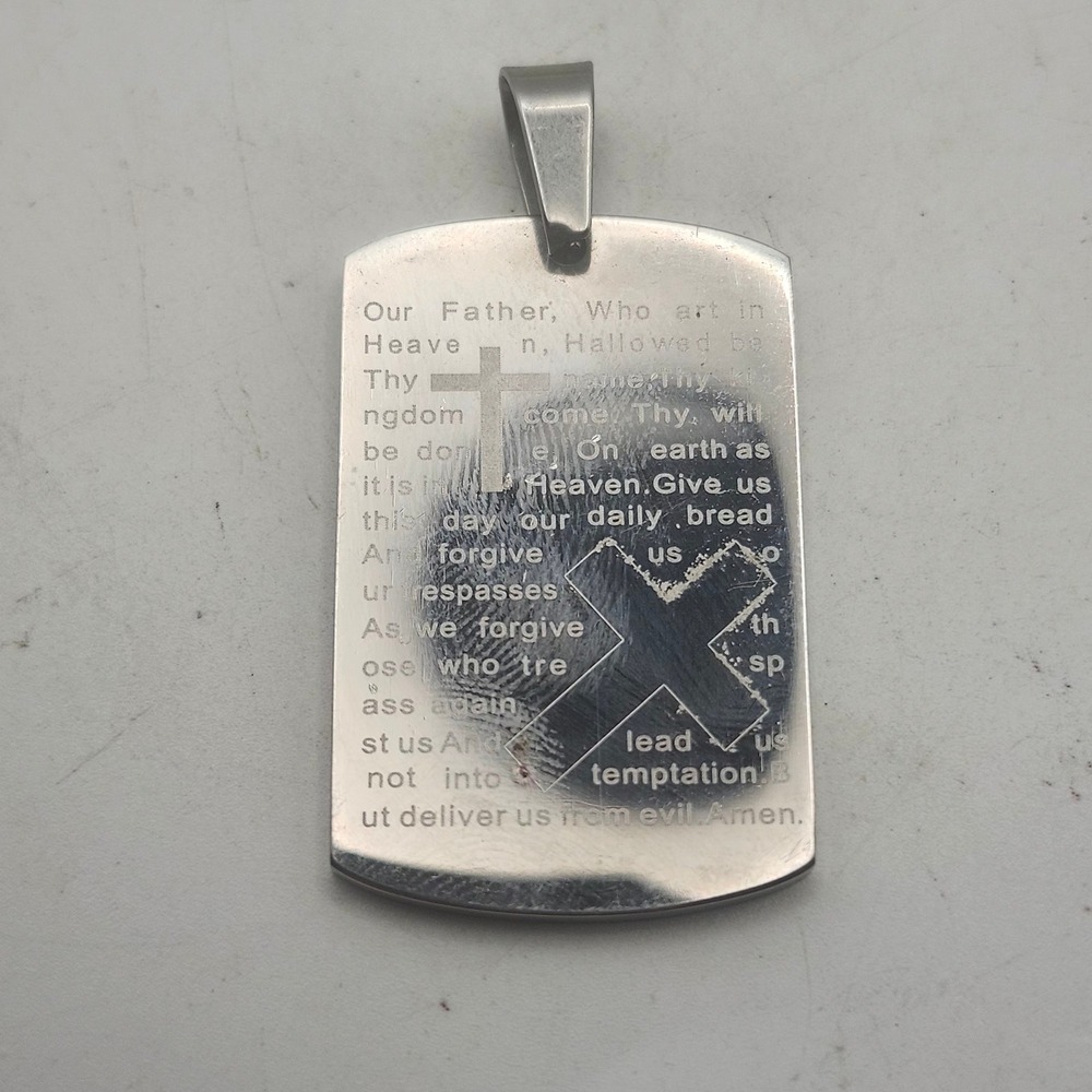 Lords Prayer Dog Tag Pendant Stainless Steel Cross Religious Silver Tone Charm